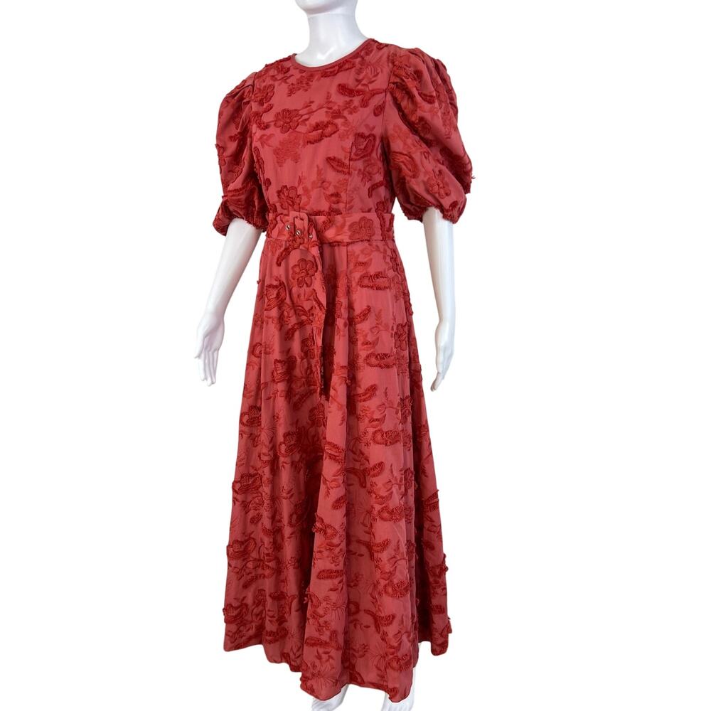 ASOS Design Pink Floral Embroidered Textured Belted Puff Sleeve Maxi Dress (8)